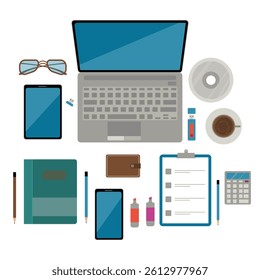Top view of organized office desk featuring laptop coffee smartphone tablet notebook and other work items for modern workspace design
