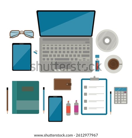 Top view of organized office desk featuring laptop coffee smartphone tablet notebook and other work items for modern workspace design