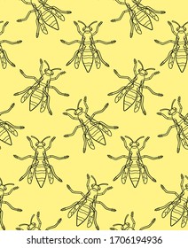 Top view outline style wasp seamless pattern. Decoration for greeting card, wrapper and textile. Yellow background, vector.