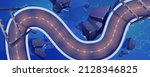 Top view of overpass car road with light markers at night. Vector cartoon illustration of empty winding race track for auto rally competition. Aerial view of highway over water