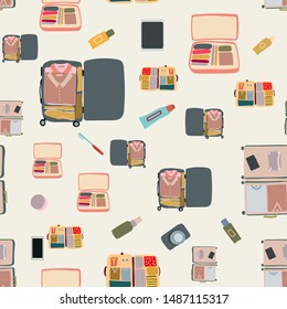 Top view packed baggage seamless pattern. Vector illustration