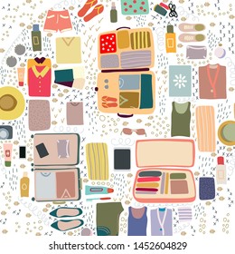 Top View Packed Suitcase And Flat Lay Clothes On White Background With Texture. Vector