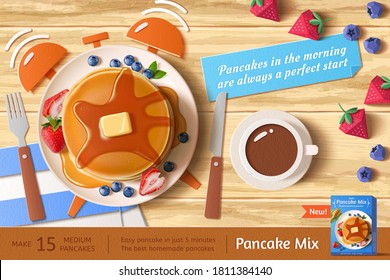 Top view of pancake stack on clock-shaped dish with fresh fruit, concept of healthy breakfast, 3d illustration