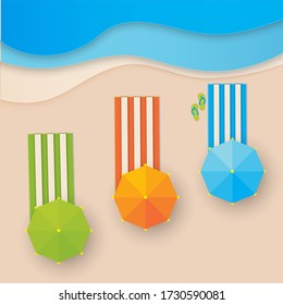 Top view Paper cut of art Seaside and beach summer background with umbrellas, sandals.  Origami craft idea style. craft style. vector isolated illustration