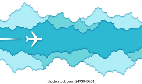 Top view paper cut plane in sky clouds. 3d vector stylized background with layered papercut effect of fluffy white clouds frame with bright blue sky and plane soaring high above, leaving a contrail