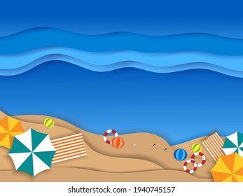 Top view Paper cut of Sea beach with ocean blue waves and sand, umbrellas, swim ring, beach ball and sun bed,Vector illustration Banner Paper art for Summer holiday  background