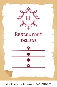 Top view paper front page advertise poster. Design exclusive fast food menu parlor, store, shop, market. Sketch vintage style template logo for restaurant, bar, cafe.