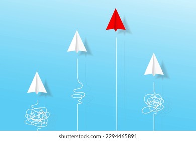 Top view of paper planes with doodle line in the sky. Origami aircraft. Geometric shape symbol. Concept of business, leadership, solution, success, education, teamwork, mission target, think different