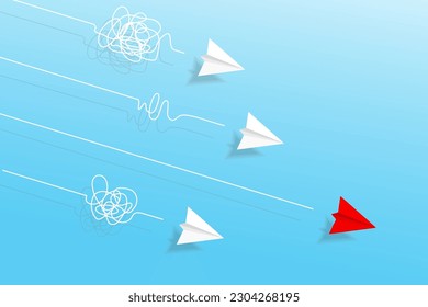 Top view of paper planes with doodle line tilt down in the sky. Origami aircraft. Geometric shape symbol. Concept of business, leadership, solution, success, education, target, think different