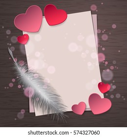 Top view of paper sheet with feather and pink paper hearts and bokeh on wood background concept. Empty and blank space for text. Holiday design, decor. Vector illustration.