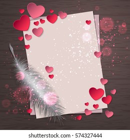 Top view of paper sheet with feather and pink paper hearts and bokeh on wood background concept. Empty and blank space for text. Holiday design, decor. Vector illustration.