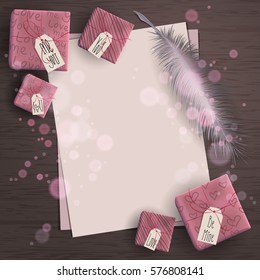 Top view of paper sheet with feather and pink gift box with tags and bokeh on wood background concept. Empty and blank space for text. Holiday design, decor. Vector illustration.