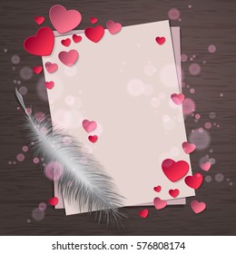 Top view of paper sheet with feather and pink paper hearts and bokeh on wood background concept. Empty and blank space for text. Holiday design, decor. Vector illustration.