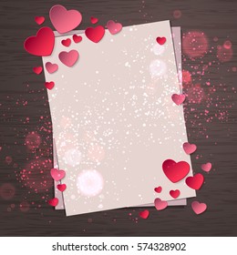 Top view of paper sheet and pink paper hearts and bokeh on wood background concept. Empty and blank space for text. Holiday design, decor. Vector illustration.