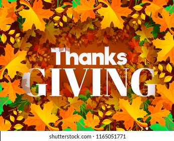 Top view of paper text Thanksgiving on maple or autumn leaves decorated background. Can be used as greeting card design.