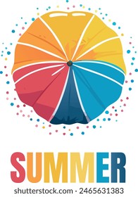 Top view of a parasol in a summer setting with confetti and multiple colors