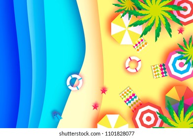 Top view Parasols - umbrella in paper cut style. Origami sea, palm, beach with lifebuoy. Summertime. Beach rest. Vacation and travel concept. Space for text.