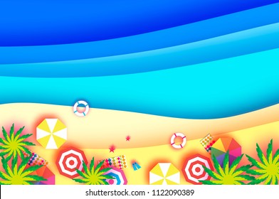 Top view Parasols - umbrella in paper cut style. Origami sea, palm, beach with lifebuoy. Summertime. Beach rest. Vacation and travel concept. Space for text.