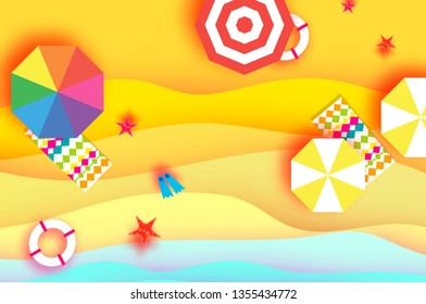 Top view Parasols - umbrella in paper cut style. Origami sand beach with summer equipment . Beach rest. Vacation and travel concept. Space for text.