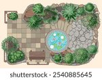 Top view of the park area, with trees and shrubs, stone paths, steps, a pond with golden carp, a wooden bench and wooden fences. Japanese garden. View from above.