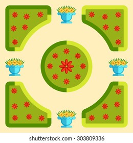 Top view of the park , back yard , garden paths and flower beds. Flat vector illustration .