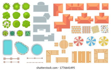 Top view of park and city elements flat icon set. Cartoon fences, trees, houses, tiles, buildings for map design vector illustration collection. Architecture and landscape concept