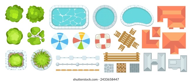 Top view park elements constructor mega set in flat graphic design. Creator kit with green trees, pools, umbrellas, fences, wooden furniture, building roofs, road tails, other. Vector illustration.