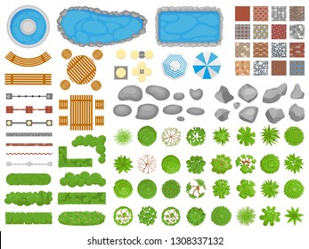 Top view park items. Garden walkway, outdoor relaxing parks furniture and gardens trees aerial. Pool, table and chair or garden relax architectural isolated vector illustration icons set