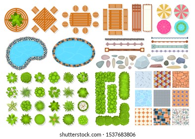 Top view park items. Public furniture outdoor relaxing chair, bench and umbrella. Gardens trees and water pool. Aerial vector landscape designed for map and architecture exterior set