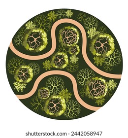 Top view park landscape for architectural floor plans. Entourage design. Various trees, bushes, and shrubs. Vector illustration.