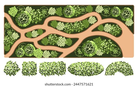 Top view park landscape for architectural floor plans. Entourage design. Various trees, bushes, and shrubs. Vector illustration.