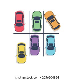 Top View Parking lot design. Many different cars parked. Vector Illustration. 