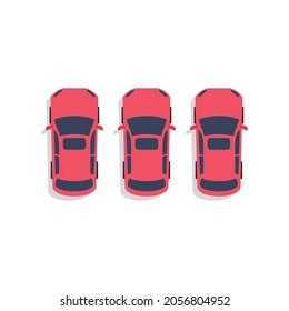 Top View Parking lot design. Many red cars parked. Vector Illustration. 