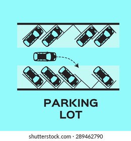 Top View Parking lot design. Many cars parked. Vector Illustration.