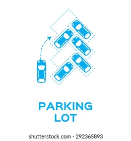 Top View Parking lot design. Many cars parked. Vector Illustration.  