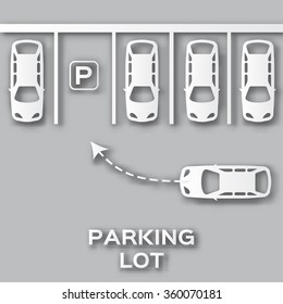 Top View Parking lot paper cut design. Applique style Many cars parked. Origami Vector Illustration.  