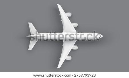 Top view passenger airplane isolated on gray background lighting setup. Flying airplane, jet aircraft, airliner. Top view of detailed passenger air plane isolated on white background. 
