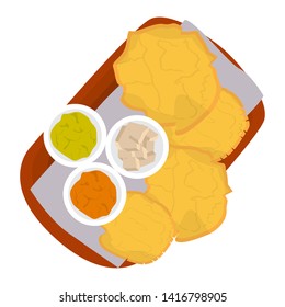 Top View Of A Patacon With Sauces. Plantain Chips -Vector