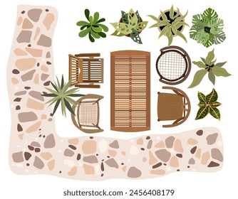 Top view of patio furniture icons for landscape design. Armchairs, table, plants, garden path for porch zone, terrace plan. Hand drawn Vector realistic illustrations isolated on white background.