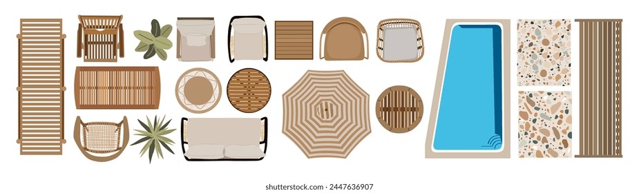 Top view of patio icons for landscape design plan.