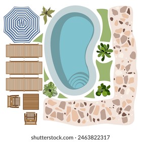 Top view of patio, terrace, back yard landscape design plan. Sunbeds, armchairs, table, pool, umbrella, garden, porch zone. Vector realistic illustration isolated on white background.