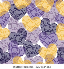 Top view of pattern of red heart shaped and colorful small jelly candies on pink background hearts on purple background, seamless pattern. 