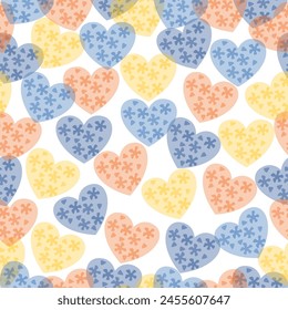 Top view of pattern of red heart shaped and colorful small jelly candies on pink background  Seamless pattern. Raster illustration.