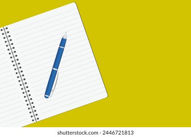 Draufsicht Stift mit sauberem weißem Notizbuch offen mit Kopierraum auf gelbem Tischhintergrund für Präsentation, Schriftsteller, Schulbildung, Blogger und Fiktion oder brandes Geschichtenkonzept. Vektorillustration