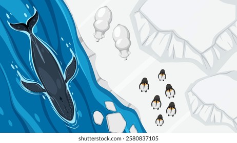 Top view of penguins and whale in icy habitat