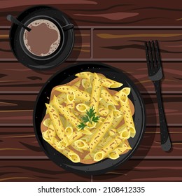 Top view of penne rigate pasta in sauce with spices and parsley in black plate with fork and coffee isolated on wooden table background. Vector illustration.
