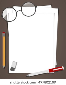 Top view pen,note paper and eyeglasses by business or technology background. office style. vector illustration