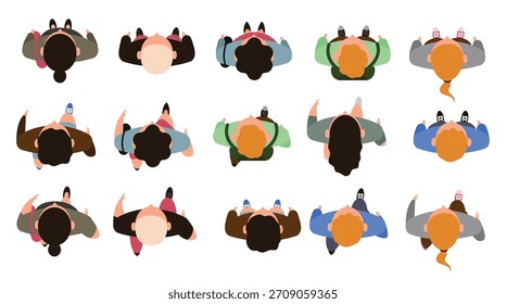 Personajes de personas de vista superior. Animación de caminar de personajes de hombres y mujeres, vista de personas desde arriba. Las personas masculinas y femeninas caminan por el conjunto de Ilustraciones vectoriales. Mujer hombre vista superior mover caminando