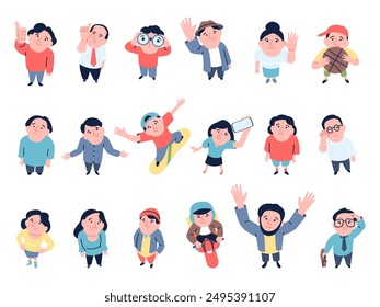 Top view of people. Different characters looking up, adults teenagers children and seniors. Businessman, courier, manager, recent vector set