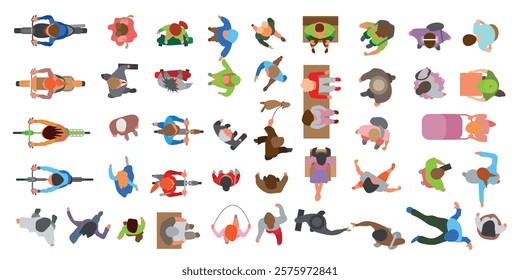 Top view of people of different genders and ages walking, standing, sitting on a couch, armchair, riding a scooter, bicycle, skateboard, motorcycle. View from above. Aerial. Colourful set of vector
